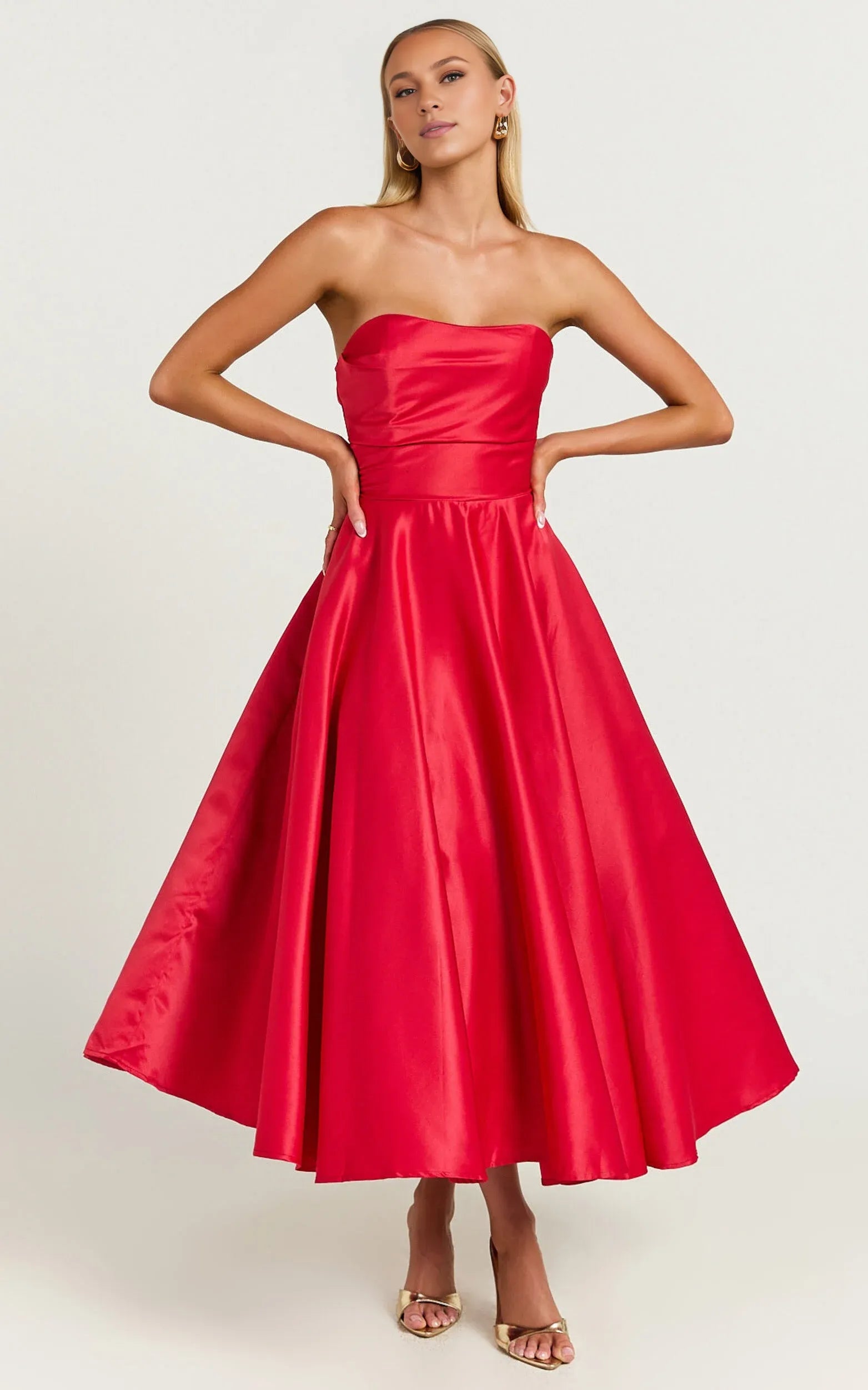 Navy Dress Classic Strapless A-Line Midi Dress Solid Color Sleeveless Backless Party Evening Dress