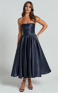 Navy Dress Classic Strapless A-Line Midi Dress Solid Color Sleeveless Backless Party Evening Dress