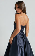 Navy Dress Classic Strapless A-Line Midi Dress Solid Color Sleeveless Backless Party Evening Dress