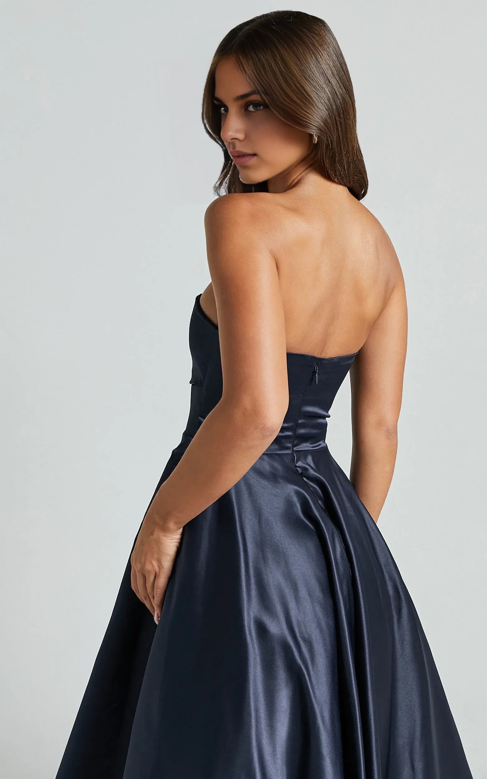 Navy Dress Classic Strapless A-Line Midi Dress Solid Color Sleeveless Backless Party Evening Dress