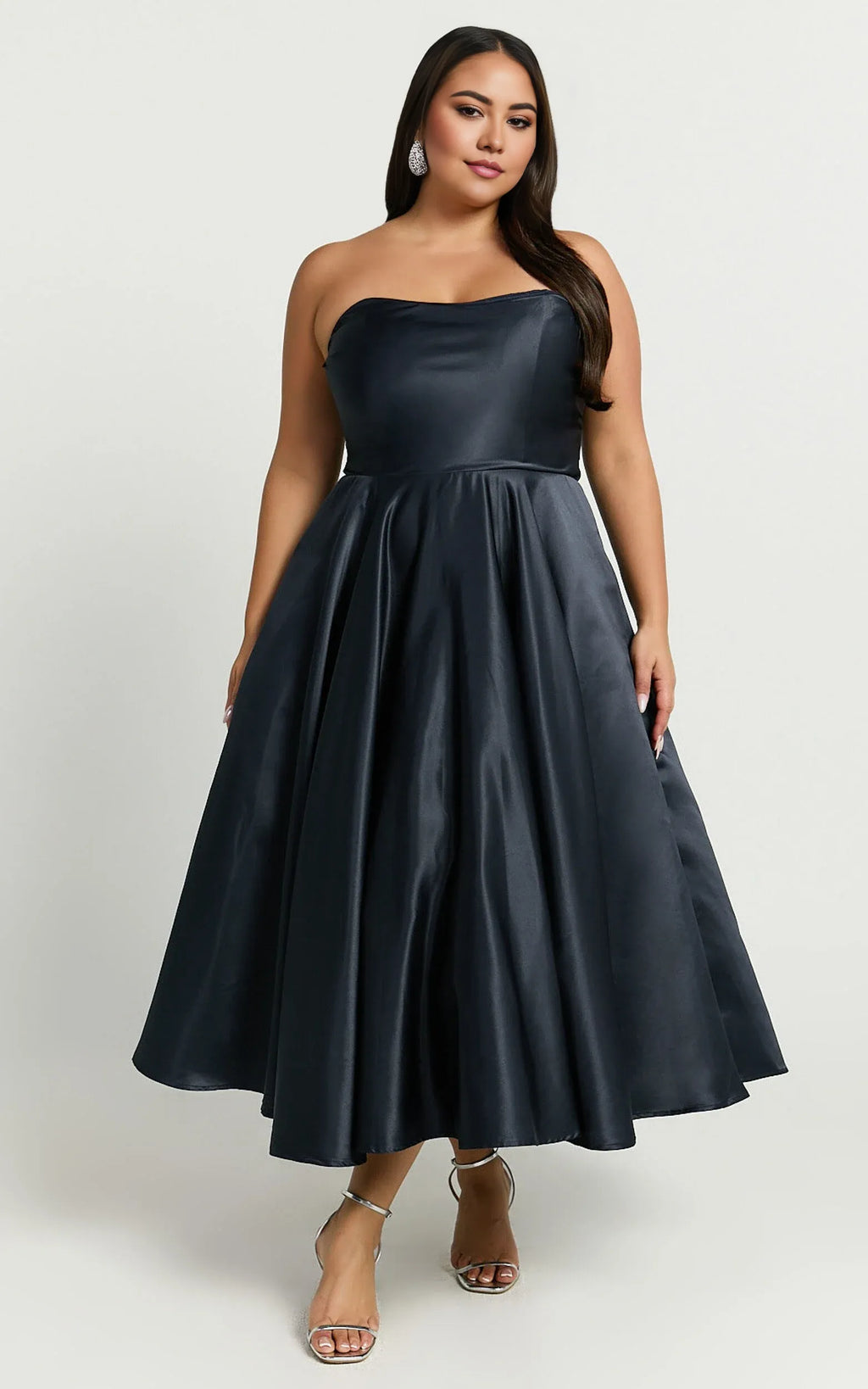 Navy Dress Classic Strapless A-Line Midi Dress Solid Color Sleeveless Backless Party Evening Dress