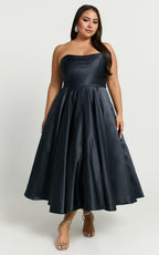Navy Dress Classic Strapless A-Line Midi Dress Solid Color Sleeveless Backless Party Evening Dress