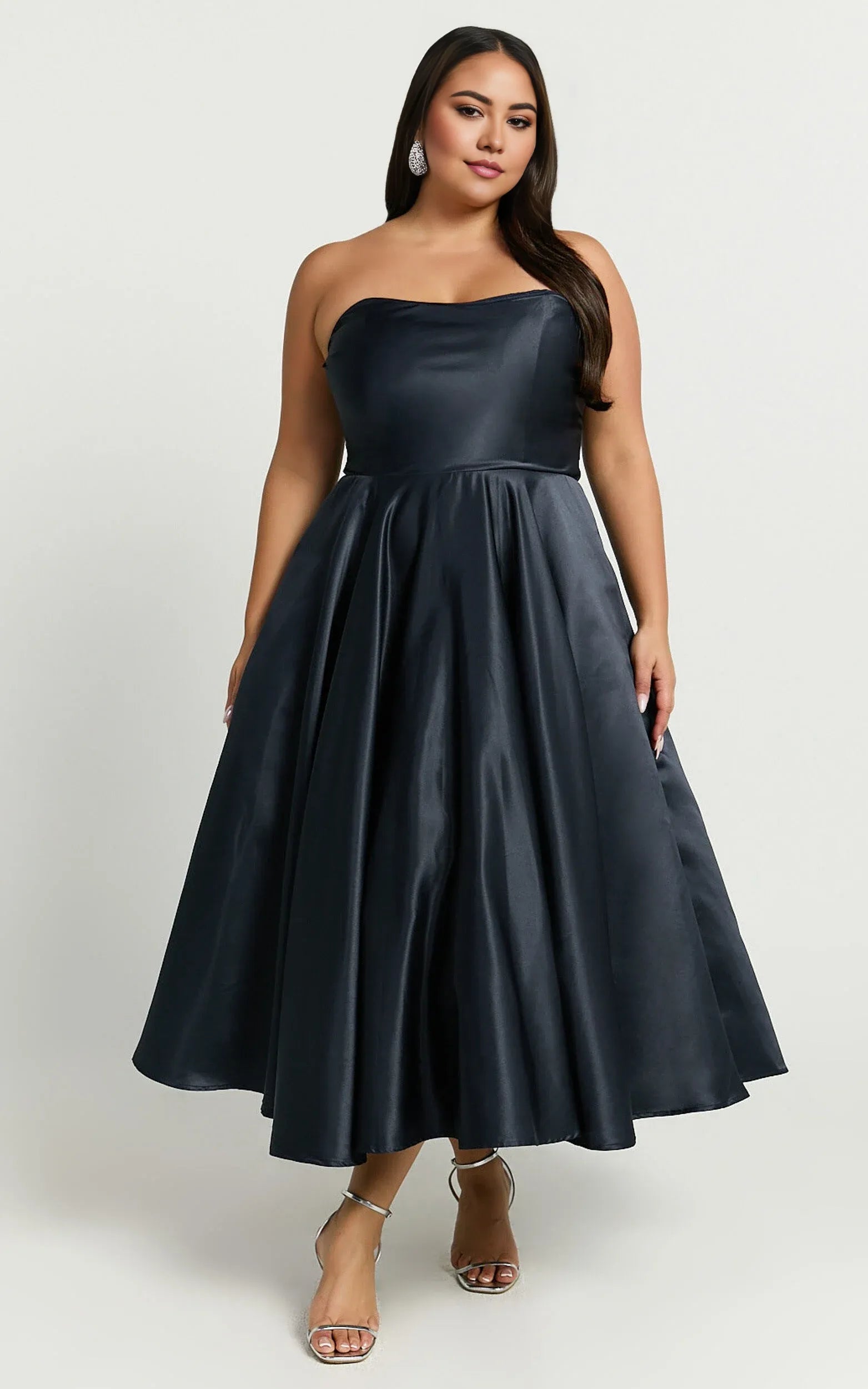 Navy Dress Classic Strapless A-Line Midi Dress Solid Color Sleeveless Backless Party Evening Dress