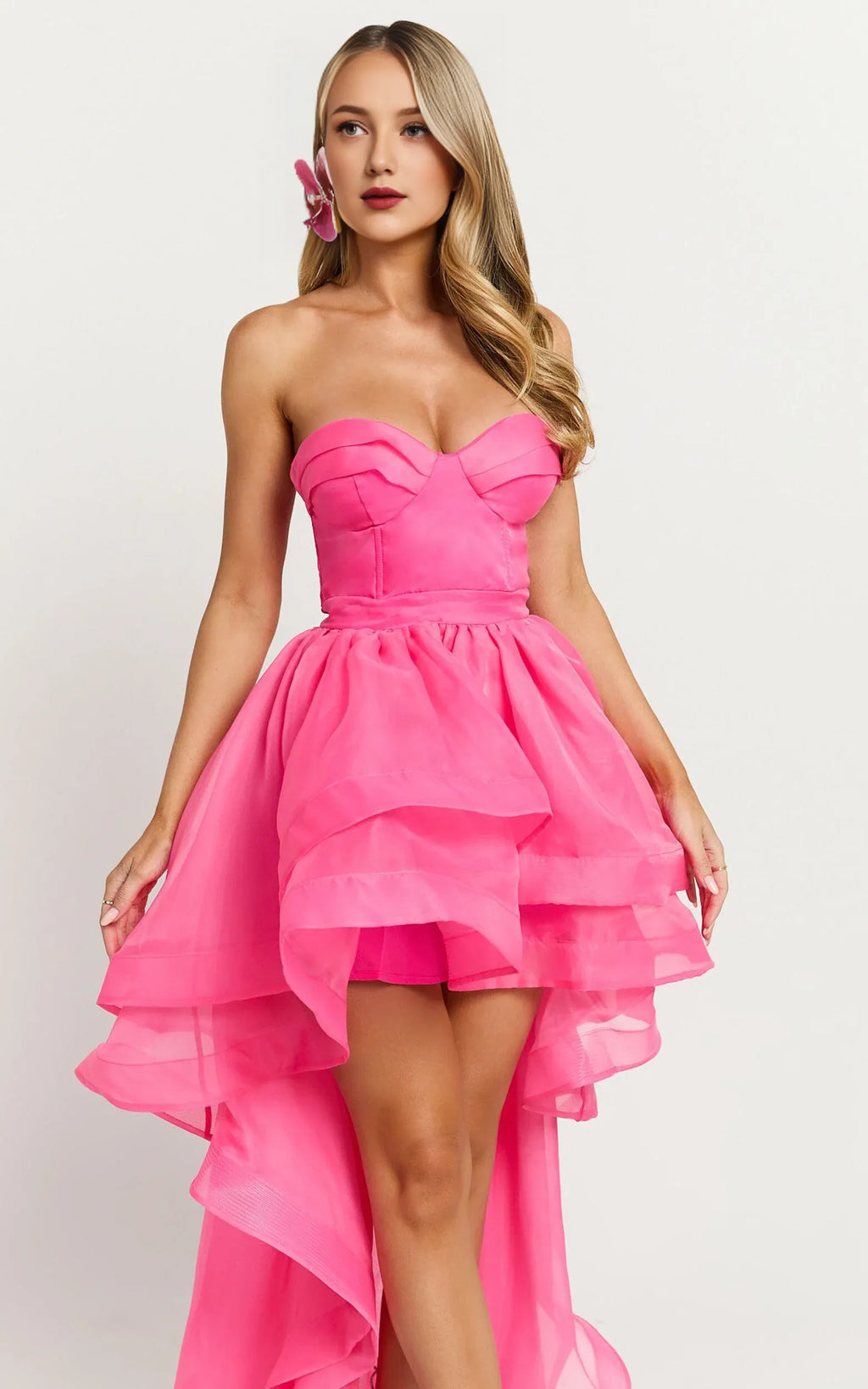 Pink Dress Classic Sweetheart High Low Cocktail Dresses Hot Pink A-line Solid Color Tie Prom Dress