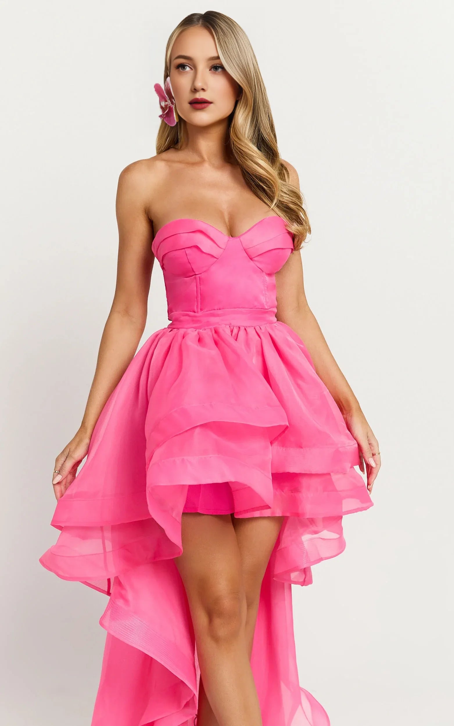 Pink Dress Classic Sweetheart High Low Cocktail Dresses Hot Pink A-line Solid Color Tie Prom Dress