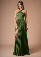 Dress Cold Shoulder Halter Elegant Maxi Dress Prom Dress Modern A-Line Pleats Evening Dress