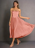 Navy Dress Strapless Simple Pleats Maxi Dress Sleeveless Solid Color Up Tea-Length Backless Prom Dress