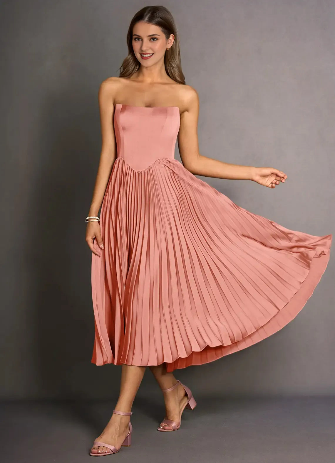 Navy Dress Strapless Simple Pleats Maxi Dress Sleeveless Solid Color Up Tea-Length Backless Prom Dress