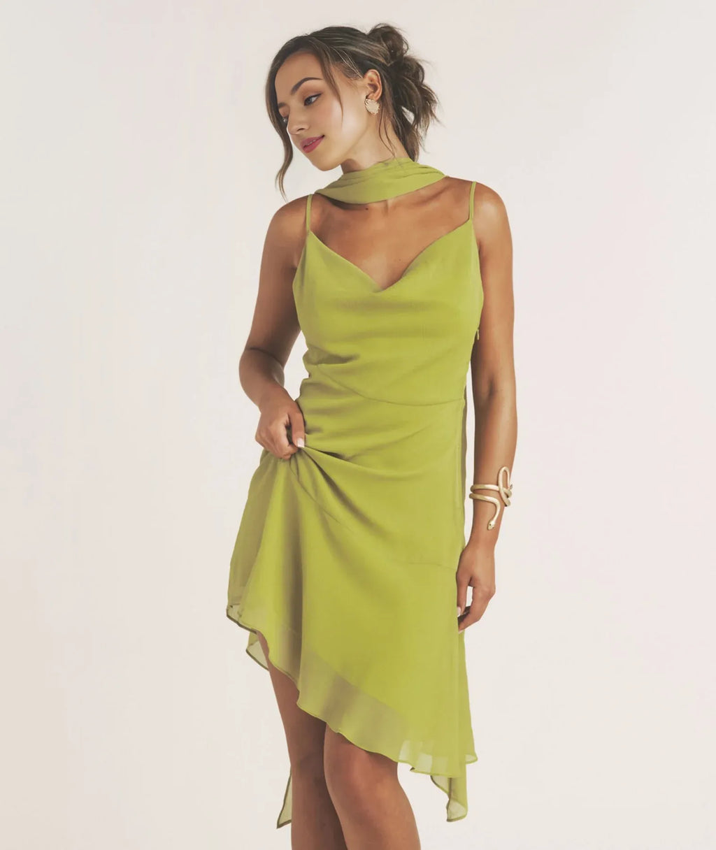 Dress Modern Cowl Front Mini Dress With Neck Scarf Open Back Spaghetti Straps Sleeveless Prom Dress