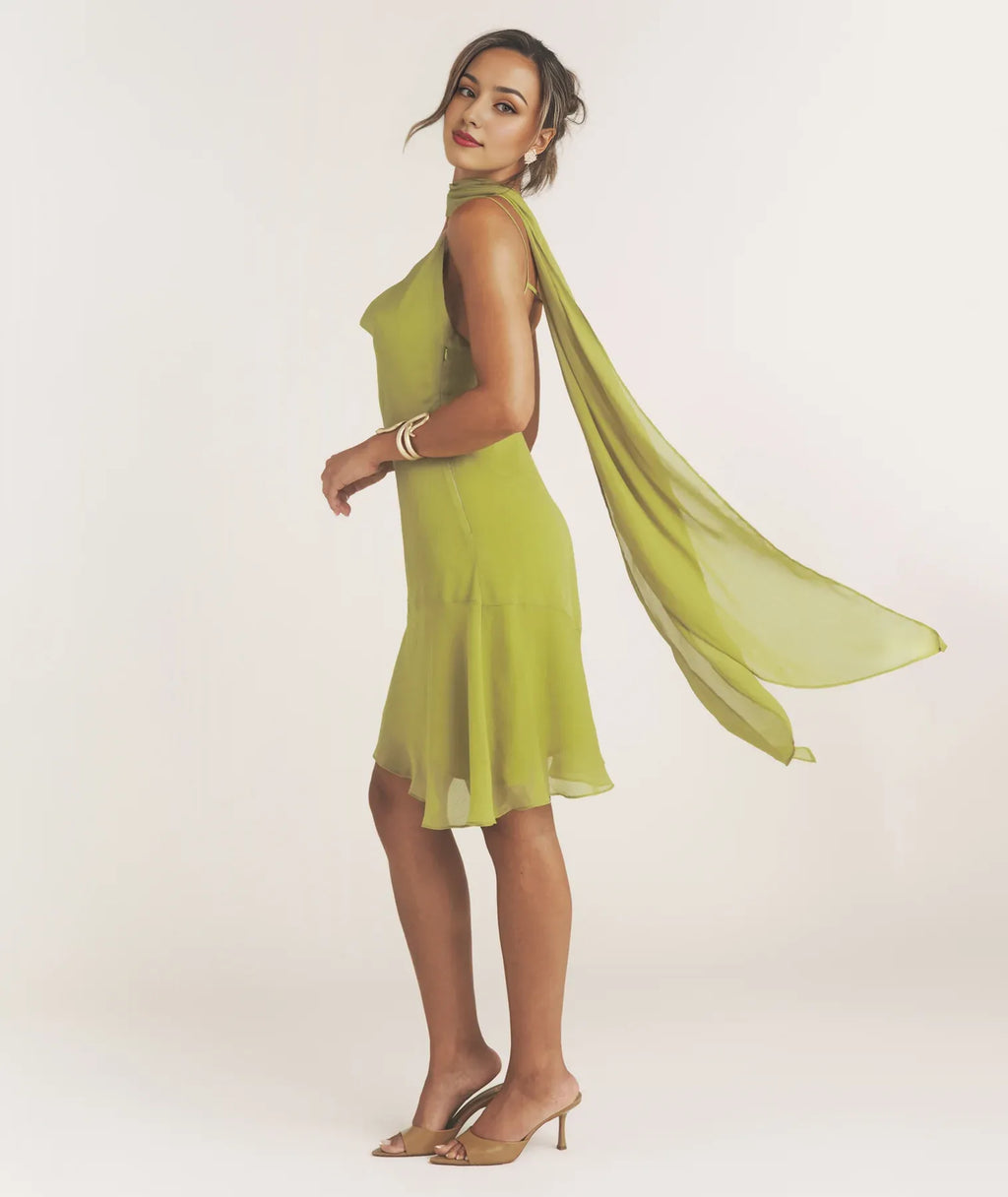 Dress Modern Cowl Front Mini Dress With Neck Scarf Open Back Spaghetti Straps Sleeveless Prom Dress