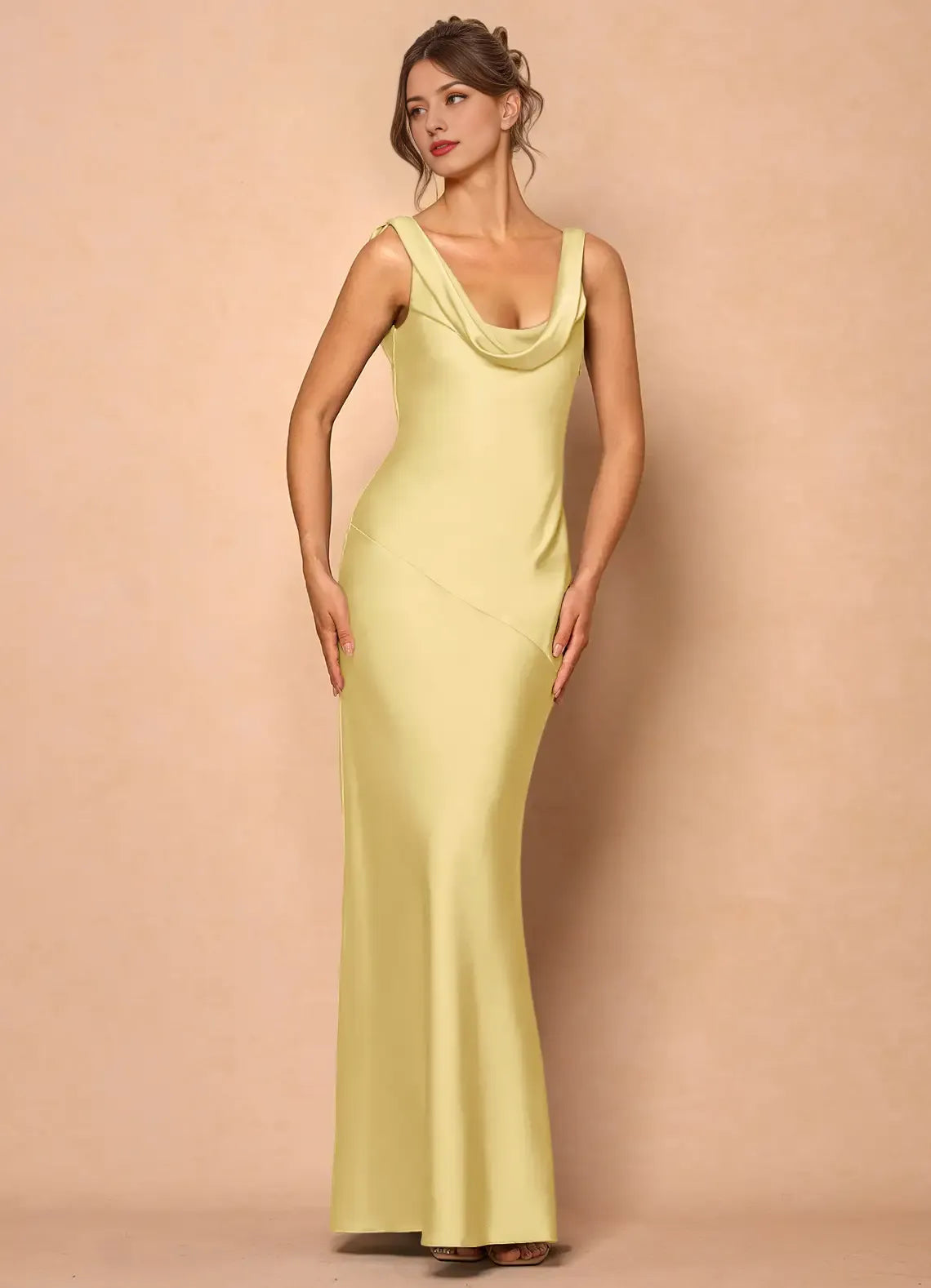 Dress Cowl Neck Elegant Sleeveless Mermaid Maxi Dress Prom Dress Simple Backless Lemon Evening Dress