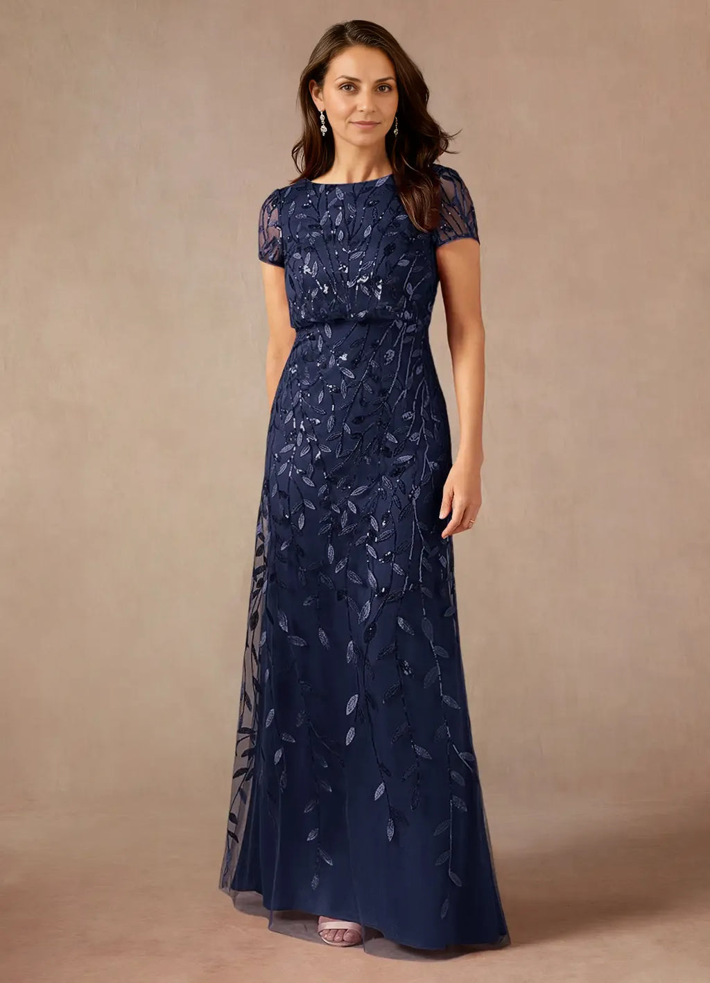 Navy Dress Dark A-Line Sequins Maxi Dress Elegant Boat Neck Short Sleeves Back Zip Mother of the Bride Dress