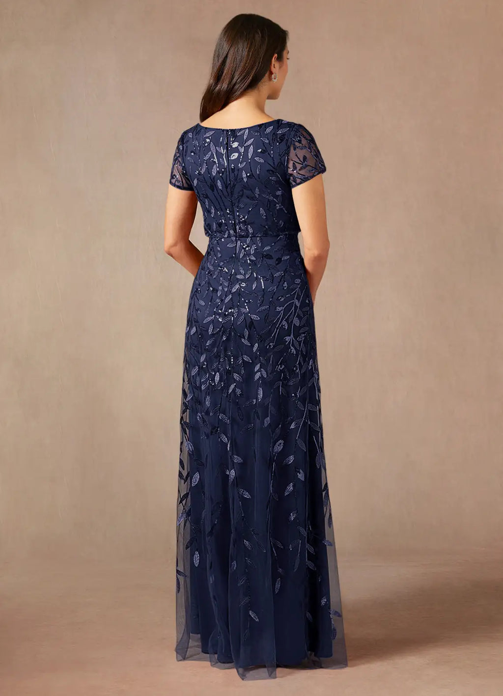 Navy Dress Dark A-Line Sequins Maxi Dress Elegant Boat Neck Short Sleeves Back Zip Mother of the Bride Dress