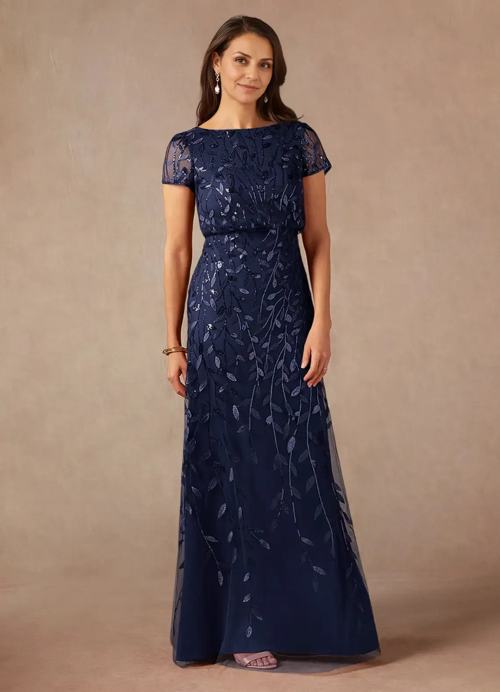 Navy Dress Dark A-Line Sequins Maxi Dress Elegant Boat Neck Short Sleeves Back Zip Mother of the Bride Dress