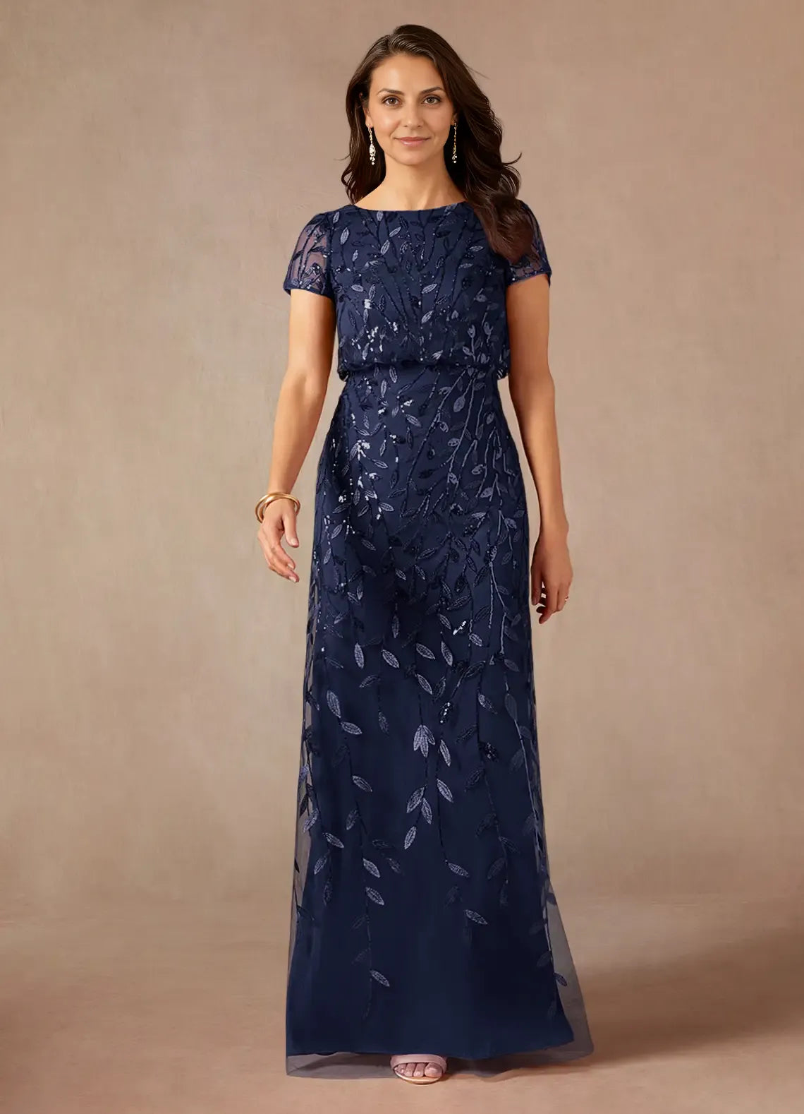 Navy Dress Dark A-Line Sequins Maxi Dress Elegant Boat Neck Short Sleeves Back Zip Mother of the Bride Dress