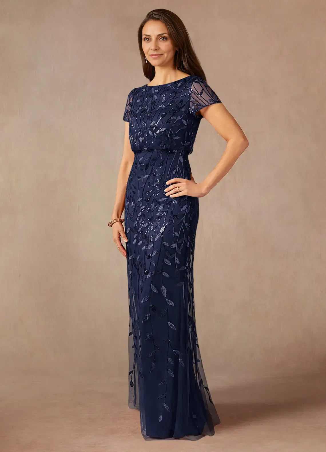 Navy Dress Dark A-Line Sequins Maxi Dress Elegant Boat Neck Short Sleeves Back Zip Mother of the Bride Dress