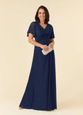 Navy Dress Dark A-Line V-Neck Pleated Maxi Dress Elegant Flutter Sleeve V Back Mother of the Bride Dress