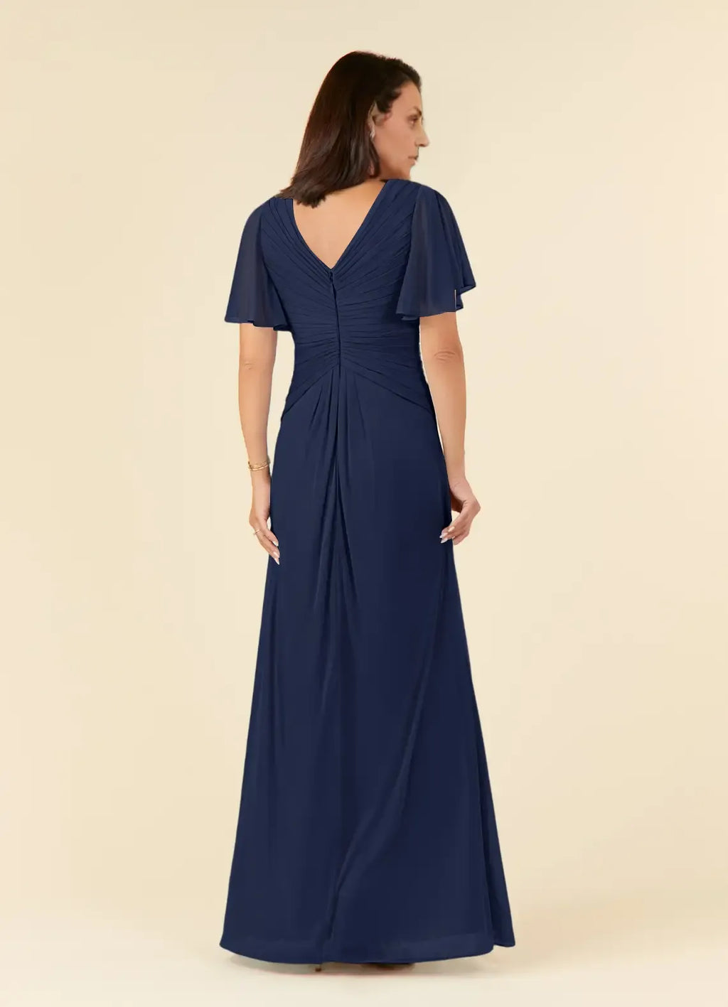 Navy Dress Dark A-Line V-Neck Pleated Maxi Dress Elegant Flutter Sleeve V Back Mother of the Bride Dress