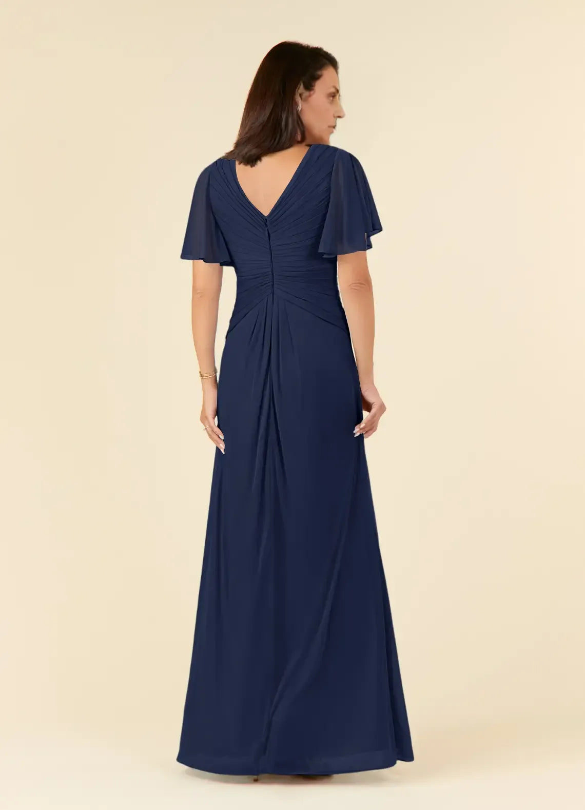 Navy Dress Dark A-Line V-Neck Pleated Maxi Dress Elegant Flutter Sleeve V Back Mother of the Bride Dress