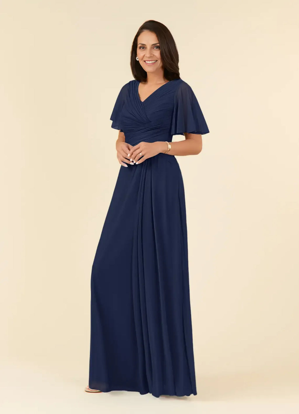 Navy Dress Dark A-Line V-Neck Pleated Maxi Dress Elegant Flutter Sleeve V Back Mother of the Bride Dress