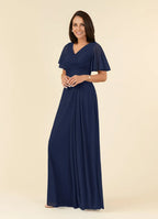 Navy Dress Dark A-Line V-Neck Pleated Maxi Dress Elegant Flutter Sleeve V Back Mother of the Bride Dress