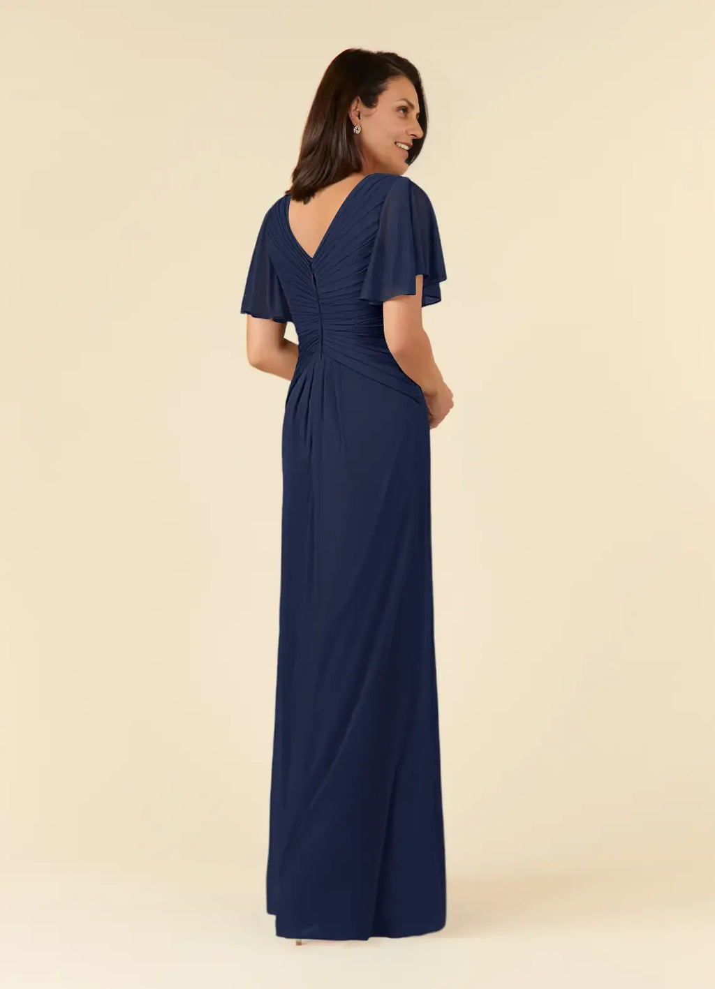 Navy Dress Dark A-Line V-Neck Pleated Maxi Dress Elegant Flutter Sleeve V Back Mother of the Bride Dress