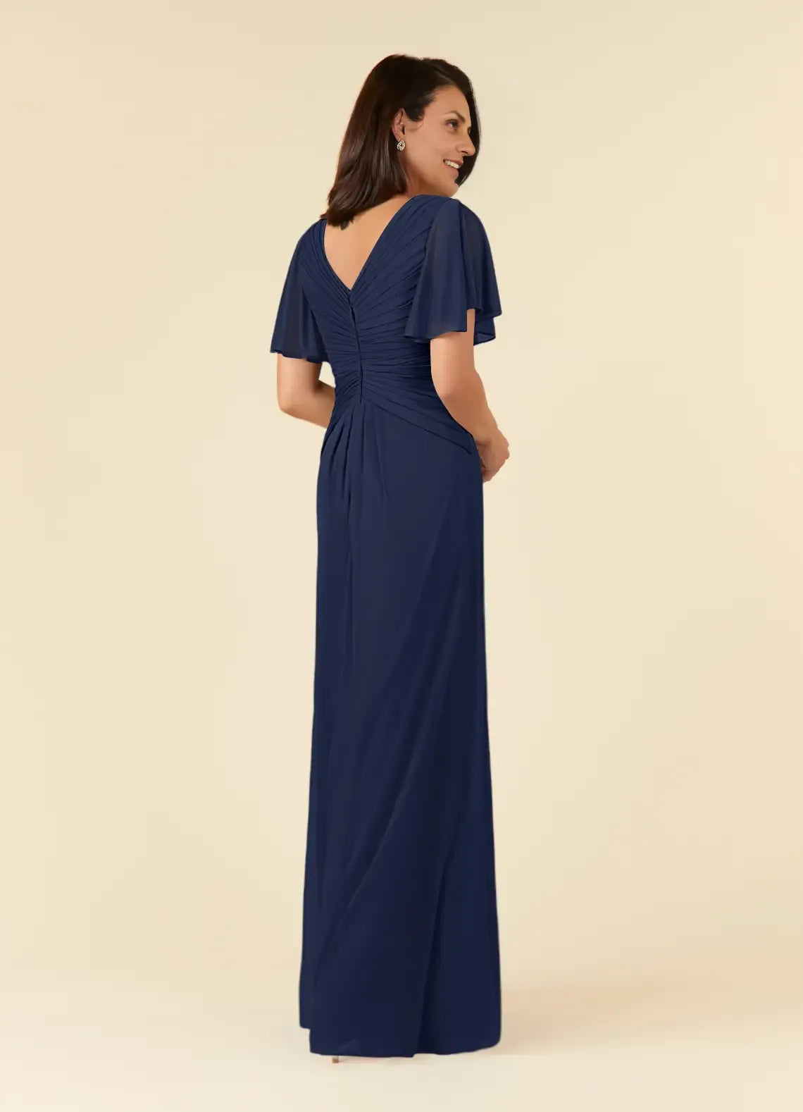 Navy Dress Dark A-Line V-Neck Pleated Maxi Dress Elegant Flutter Sleeve V Back Mother of the Bride Dress