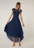 Navy Dress Dark A-Line Pleated Maxi Dress Classic Cap Sleeves Back Zip Mother of the Bride Dress