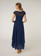 Navy Dress Dark A-Line Pleated Maxi Dress Classic Cap Sleeves Back Zip Mother of the Bride Dress