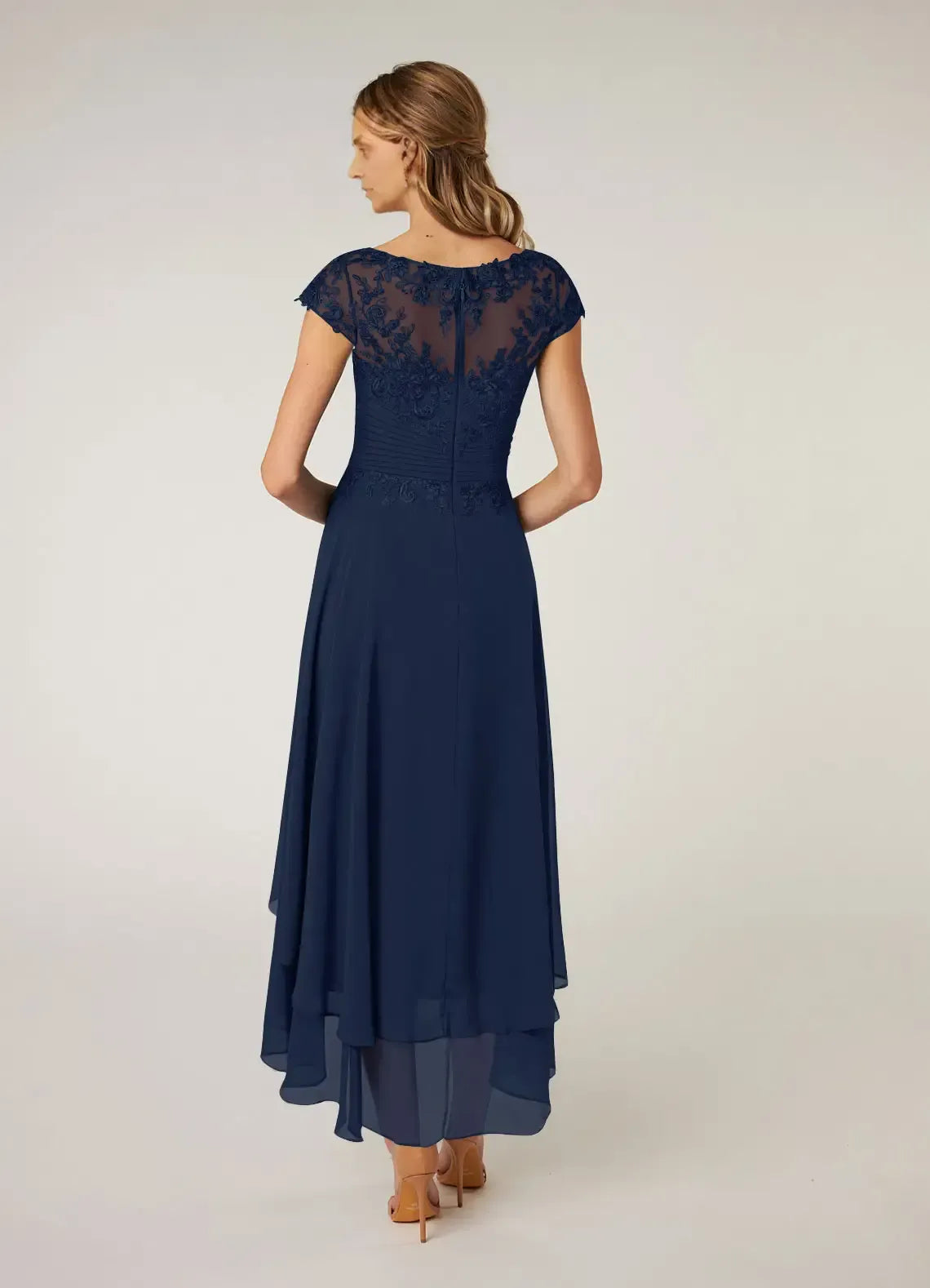 Navy Dress Dark A-Line Pleated Maxi Dress Classic Cap Sleeves Back Zip Mother of the Bride Dress