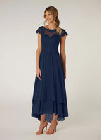 Navy Dress Dark A-Line Pleated Maxi Dress Classic Cap Sleeves Back Zip Mother of the Bride Dress
