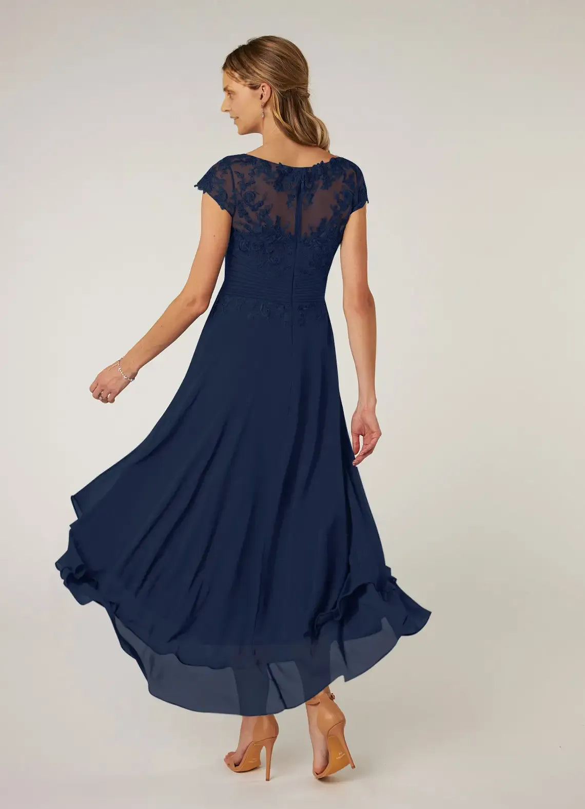 Navy Dress Dark A-Line Pleated Maxi Dress Classic Cap Sleeves Back Zip Mother of the Bride Dress
