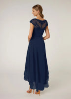 Navy Dress Dark A-Line Pleated Maxi Dress Classic Cap Sleeves Back Zip Mother of the Bride Dress