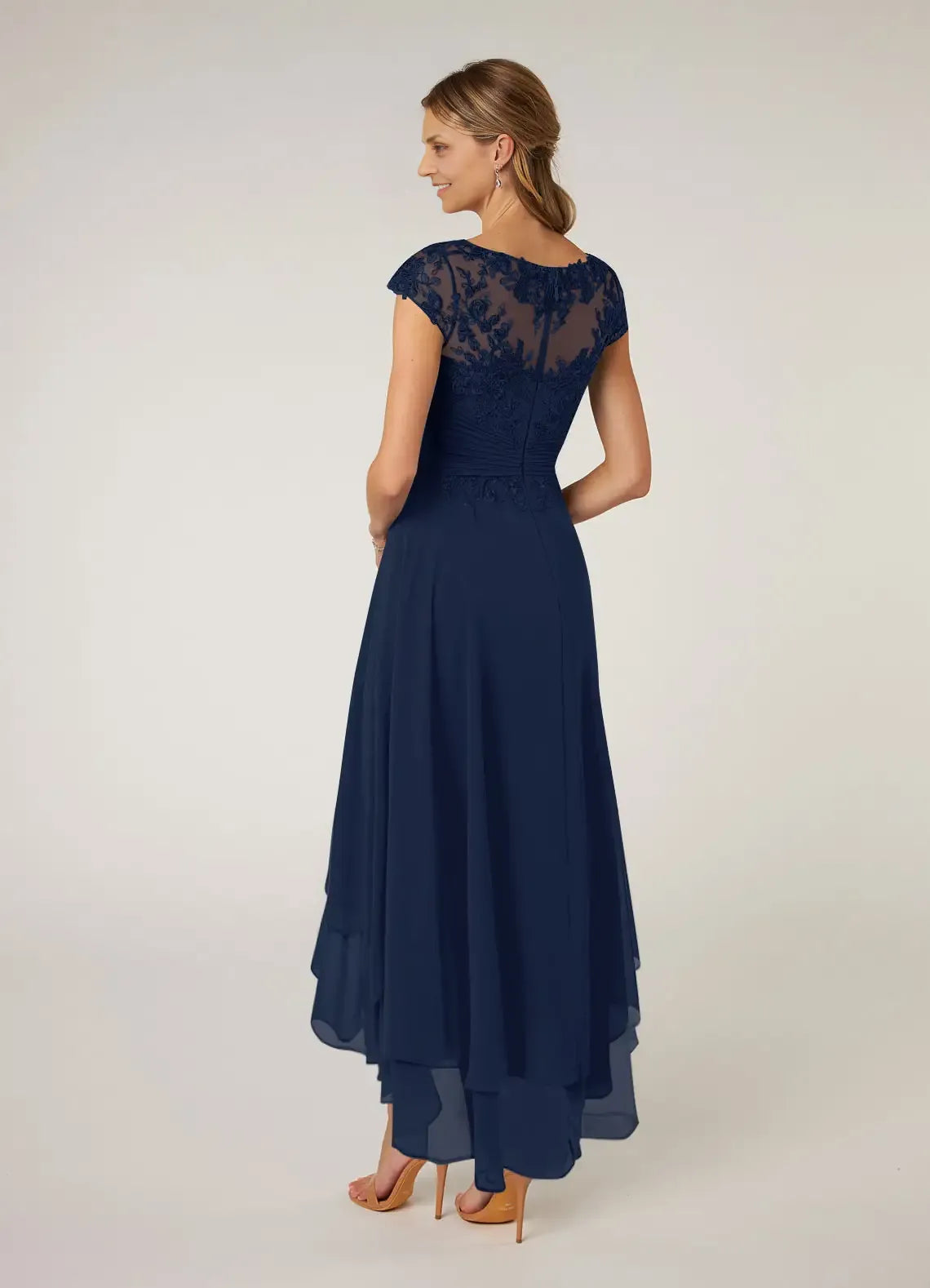 Navy Dress Dark A-Line Pleated Maxi Dress Classic Cap Sleeves Back Zip Mother of the Bride Dress