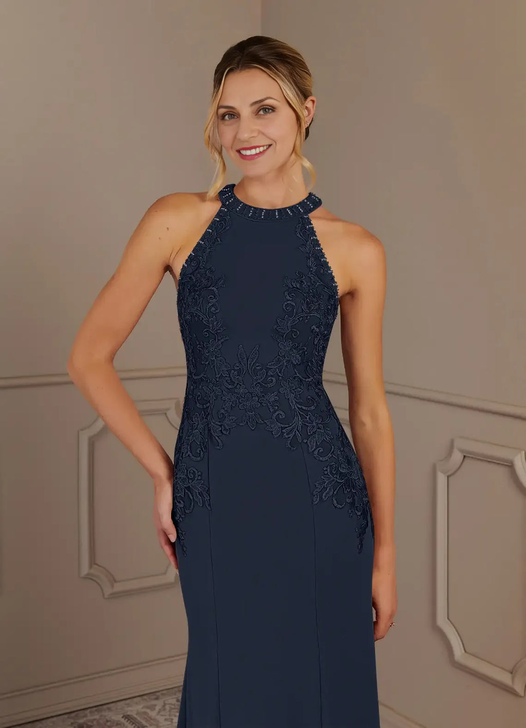 Navy Dress Dark Mermaid Halter Maxi Dress Classic Sleeveless Back Zip Mother of the Bride Dress