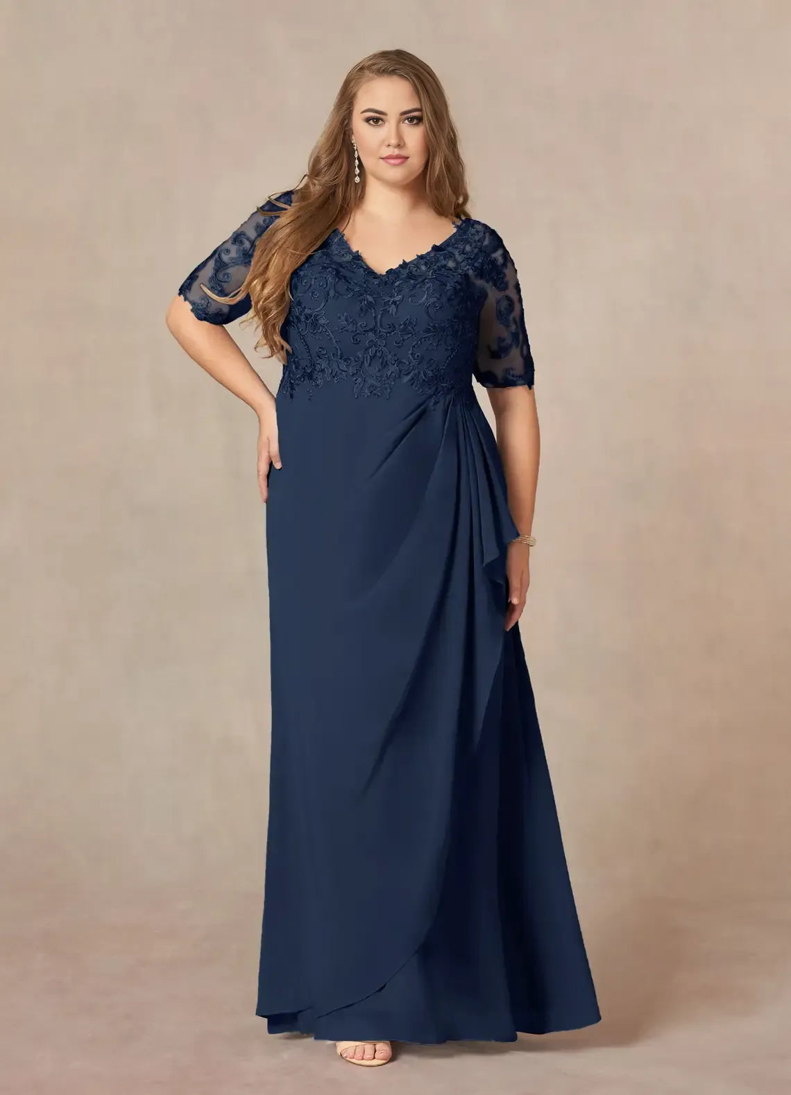 Navy Dress Dark V-Neck A-Line Mother Of The Bride Evening Dress Elegant Short Sleeve Plus Size Mother Of The Groom Dresses