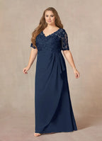 Navy Dress Dark V-Neck A-Line Mother Of The Bride Evening Dress Elegant Short Sleeve Plus Size Mother Of The Groom Dresses