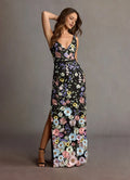 Black Dress Deep V Neck Romantic 3D Flower Maxi Dress Sleeveless Mermaid Slit Prom Dress