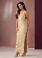 Dress Deep V Neck Champagne Romantic 3D Flower Maxi Dress Sleeveless Mermaid Slit Prom Dress