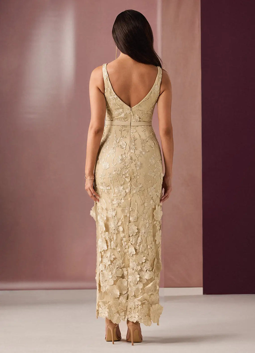Dress Deep V Neck Champagne Romantic 3D Flower Maxi Dress Sleeveless Mermaid Slit Prom Dress