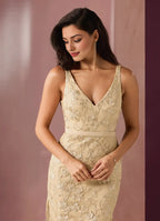 Dress Deep V Neck Champagne Romantic 3D Flower Maxi Dress Sleeveless Mermaid Slit Prom Dress