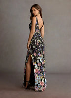 Black Dress Deep V Neck Romantic 3D Flower Maxi Dress Sleeveless Mermaid Slit Prom Dress
