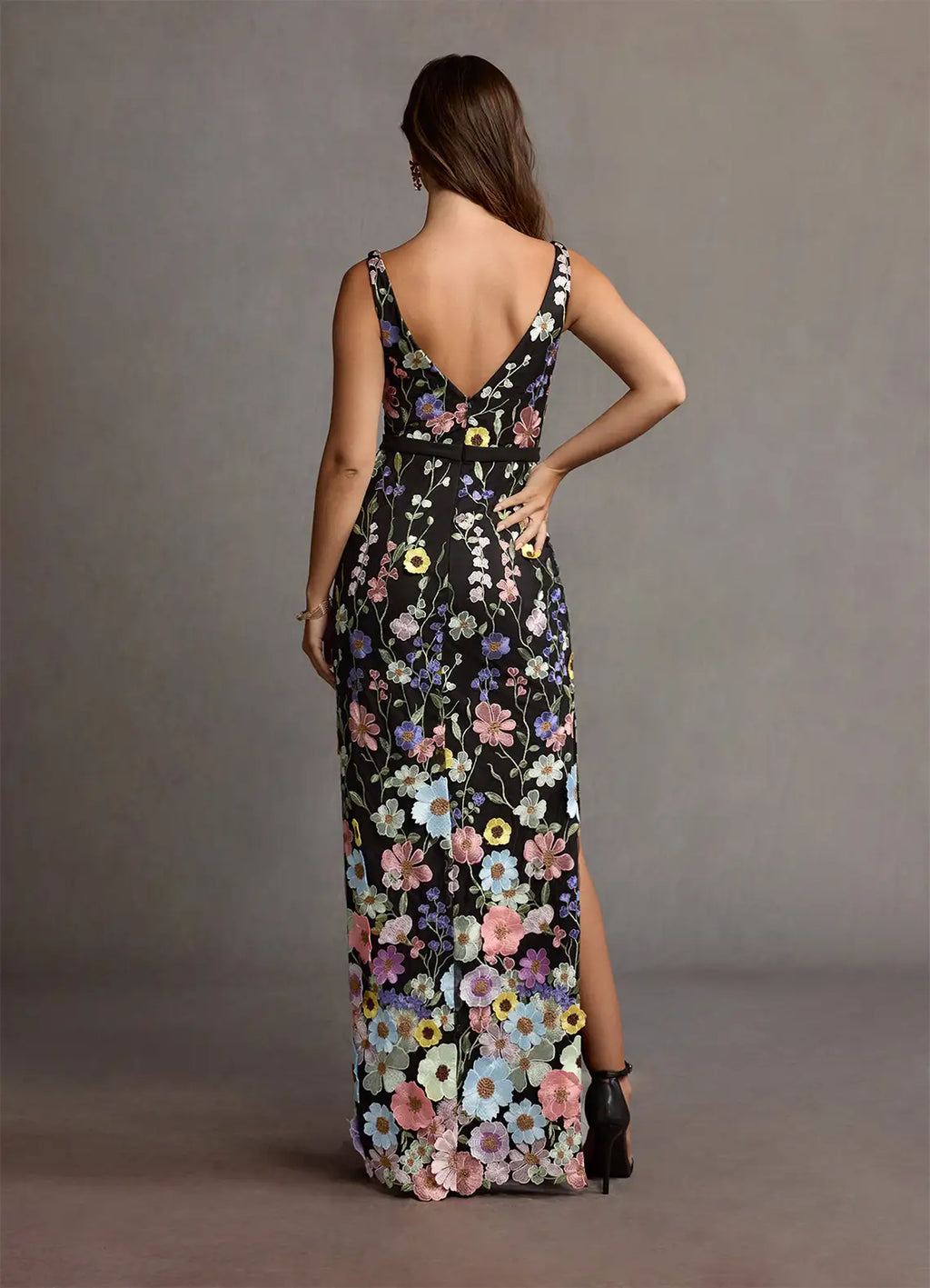 Black Dress Deep V Neck Romantic 3D Flower Maxi Dress Sleeveless Mermaid Slit Prom Dress