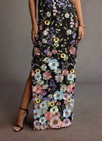Black Dress Deep V Neck Romantic 3D Flower Maxi Dress Sleeveless Mermaid Slit Prom Dress