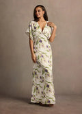 Dress Deep V Neck Cap Sleeve Romantic Flower Printed Evening Dress Floor Length Full Coverage Prom Dress