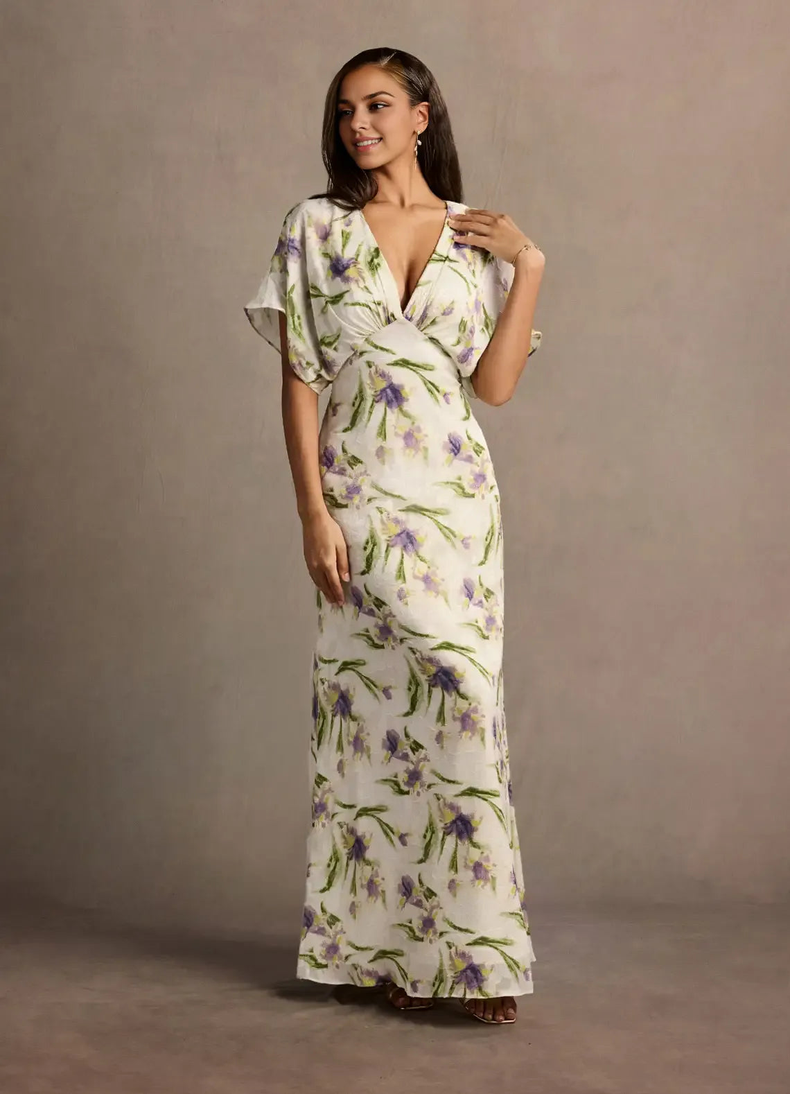 Dress Deep V Neck Cap Sleeve Romantic Flower Printed Evening Dress Floor Length Full Coverage Prom Dress