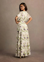 Dress Deep V Neck Cap Sleeve Romantic Flower Printed Evening Dress Floor Length Full Coverage Prom Dress