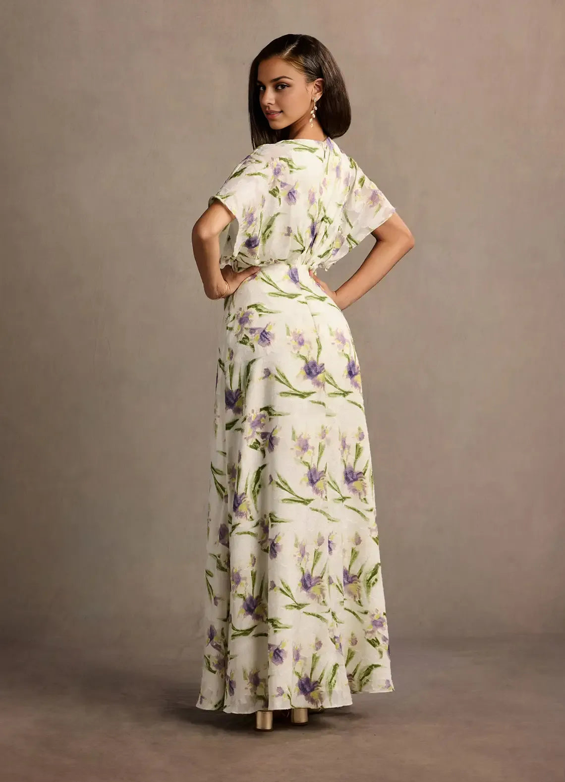 Dress Deep V Neck Cap Sleeve Romantic Flower Printed Evening Dress Floor Length Full Coverage Prom Dress