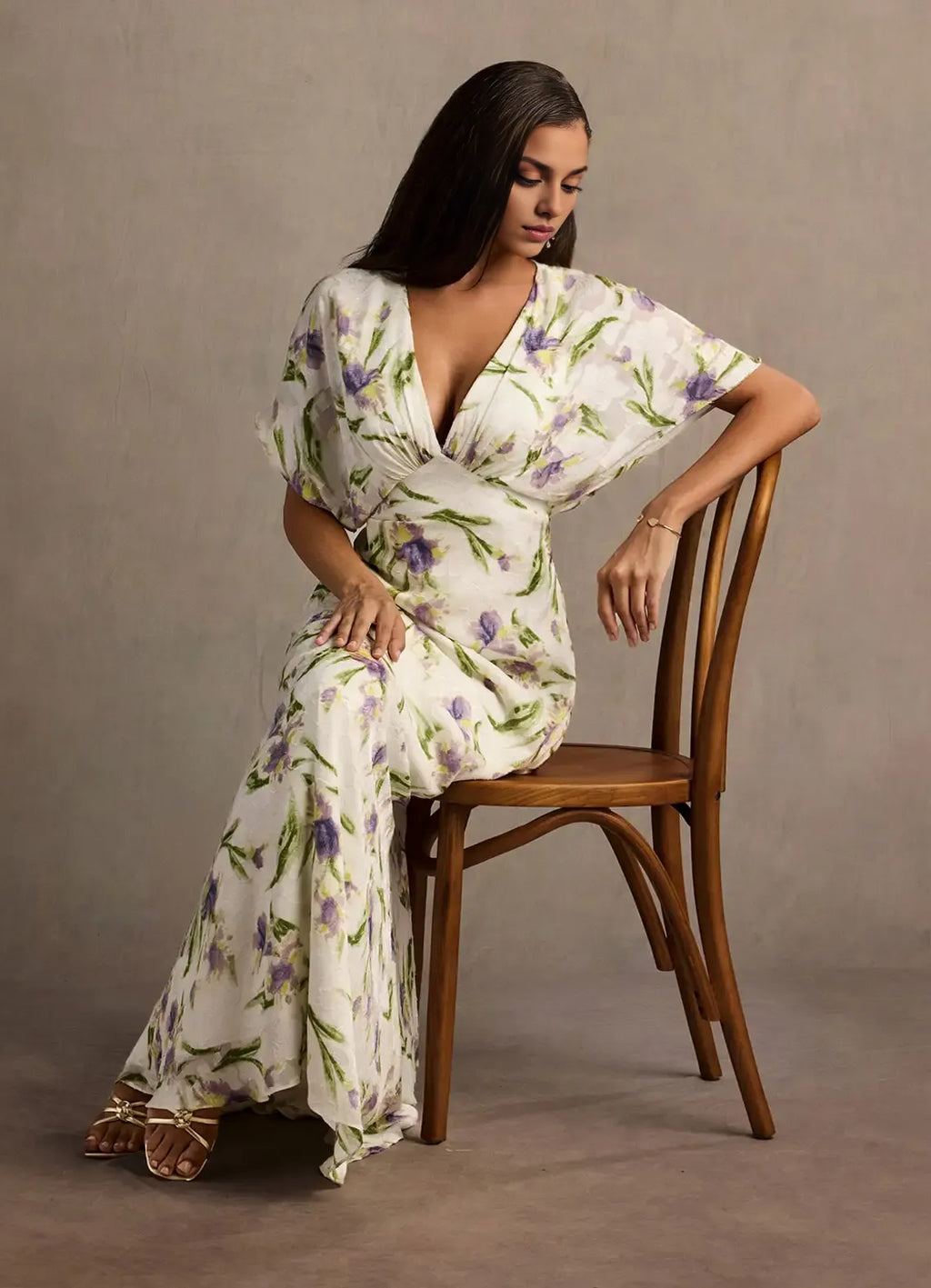 Dress Deep V Neck Cap Sleeve Romantic Flower Printed Evening Dress Floor Length Full Coverage Prom Dress