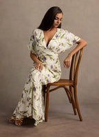 Dress Deep V Neck Cap Sleeve Romantic Flower Printed Evening Dress Floor Length Full Coverage Prom Dress